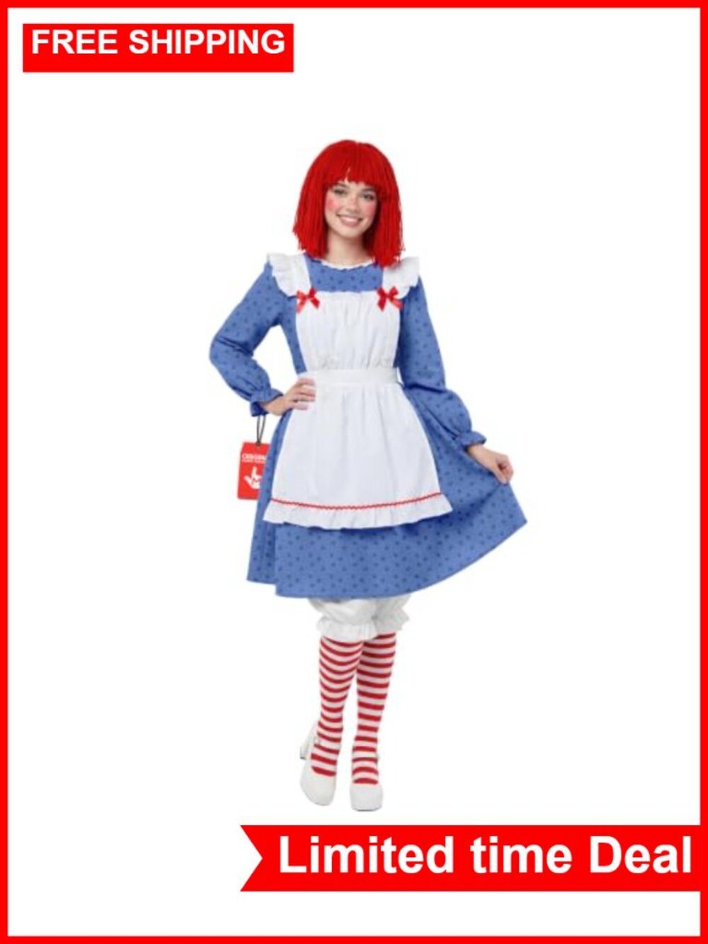 Women Rag Doll Costume Set Wig Apron Dress Bloomers Socks